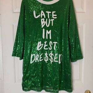 Green Sequin Dress with Bold Text